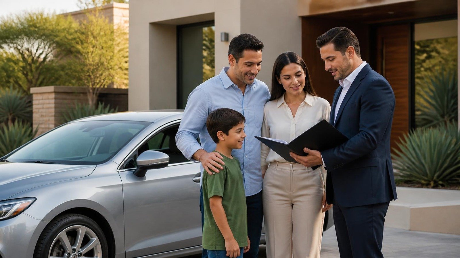 Familia junto a su auto y hogar durante una asesoría de seguros